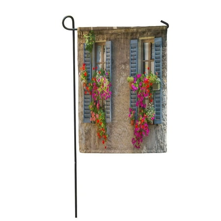 Wooden Shutters For Patio Doors KDAGR Red Vintage Windows Open Wooden Shutters and Fresh Flowers Garden Flag Decorative Flag House Banner 12x18 inch ()