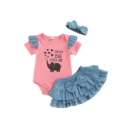 

Baby Girls Summer Suit Round Neck Short Sleeve Romper And Solid Color Pleated Skirt And Headband