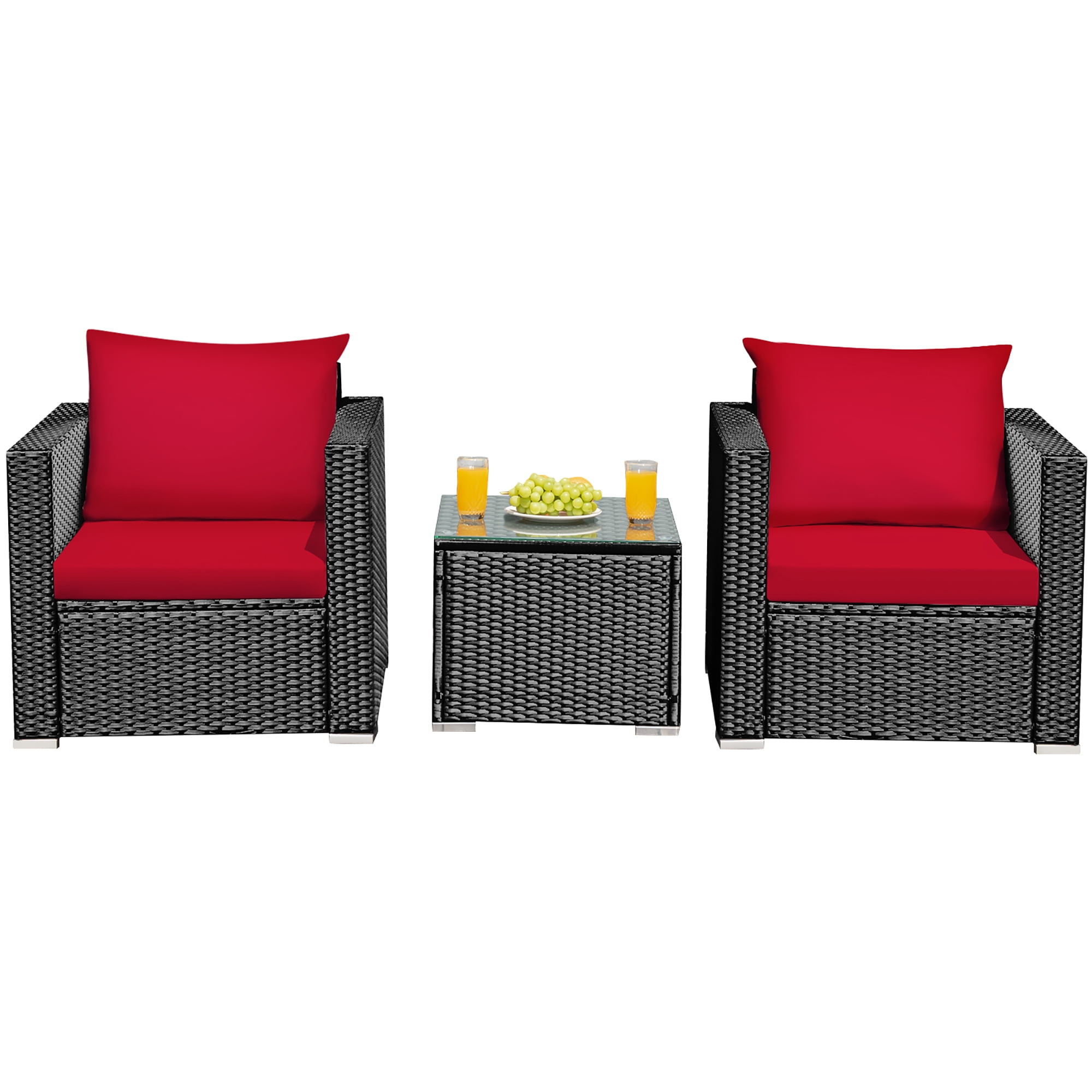 Costway 3PCS Patio Rattan Wicker Furniture Set Sofa Table W/Cushion Yard Red