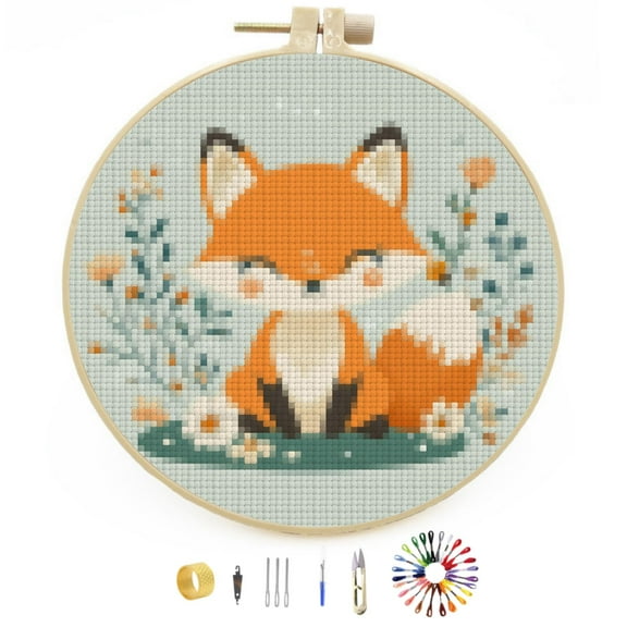 Cartoon Cute Little Fox and Flowers Easy Stamped Cross Stitch Kits for Beginners with Hoop  11CT Counted Embroidery Needlepoint Crafts Arts for DIY Enthusiasts and Home Decor 26x26cm(4)
