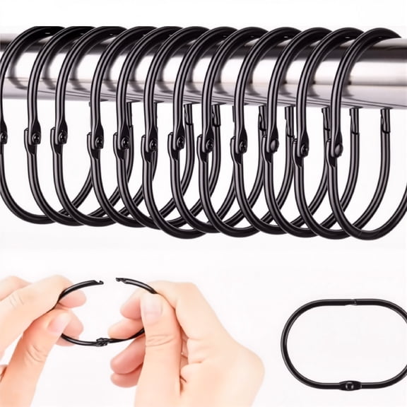Shower Curtain Rings, 12 Pcs Shower Curtain Hooks, Oval Snap Shower Rings for Curtain, Metal Black Shower Curtain Rings Rust Proof, Glide Smoothly Shower Hooks for Shower Curtain Rod (Black)