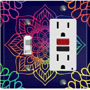 Metal Light Switch Plate Cover Rainbow Mandala Flower Tile Pattern Black MDL103