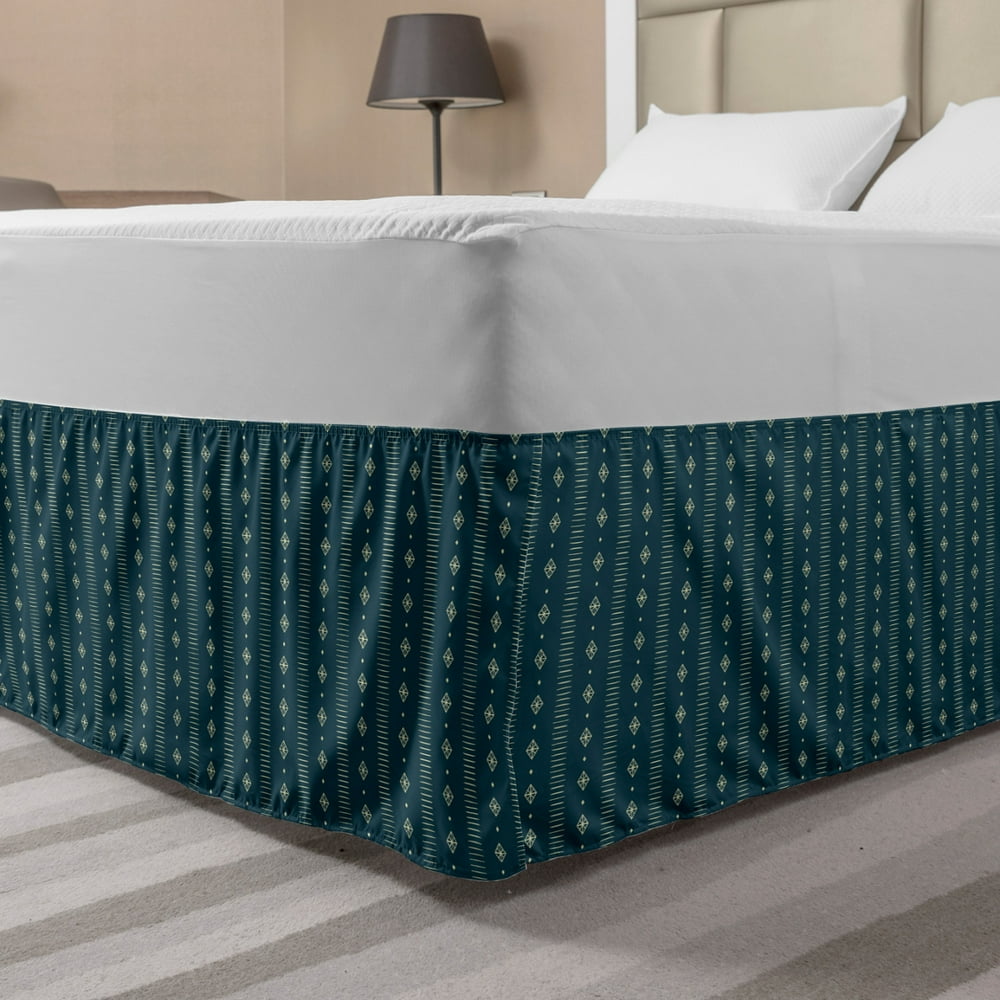 Teal and Yellow Bed Skirt, Pattern with Vertical Abstract Ornaments