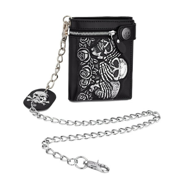 TAZAG Men's Rose Skull Leather Wallet, Bifold Wallet, Zippered Coin Bag, Gift for Husband