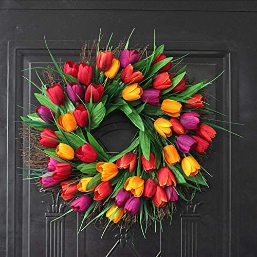Liseng Tulip Wreath Door Wreath Artificial Flower Tulip Floral Twig Door Wreath Summer Wreath for Front Door Wreath 