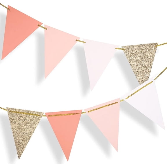 10Ft Pastel Pink Glitter Gold Hanging Paper Triangle Flags Pennant Banner Garlands Backdrops for Wedding Baby Shower Girls Women Birthday Engagement Party Room Nursery Wall Decorations Supplies