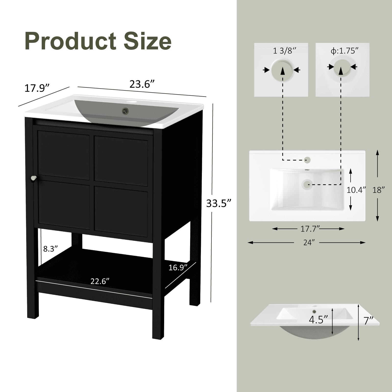 EVOKEDEN 24" Bathroom Vanity with Sink, Small Farmhouse Freestanding Bathroom Cabinet Combo Set, Soft Closing Door and Open Storage Shelf, Black