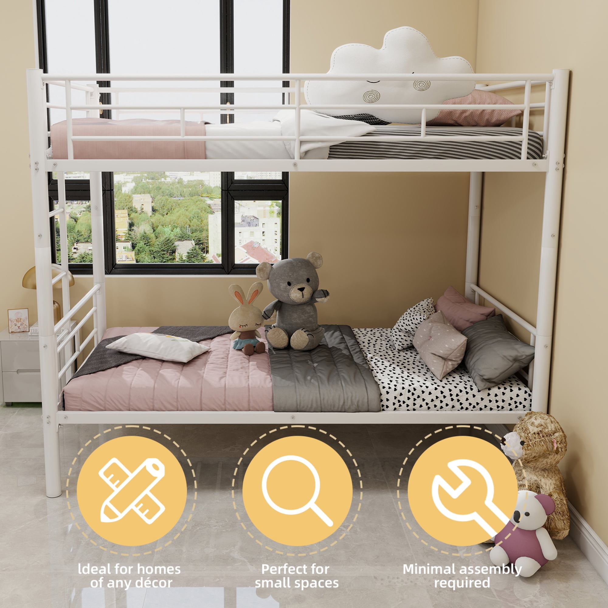 Twin Over Twin Bunk Bed for Kids Boys Girls, Metal Bunk Bed with Ladders & Guardrail,Convertible 2 Beds,White