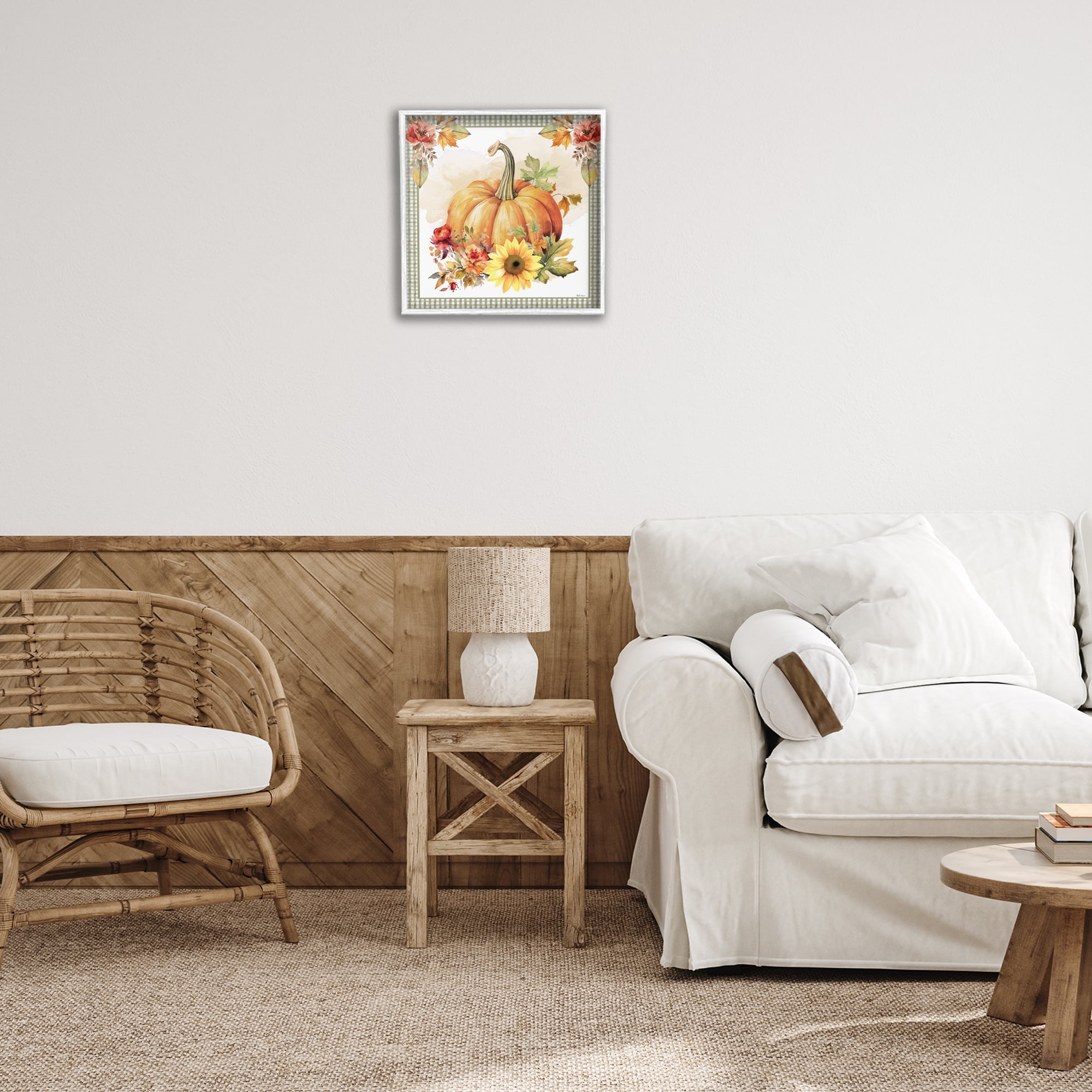 Stupell Industries Gingham Bordered Pumpkin Botanical & Floral Painting White Framed Art Prints Wall Art, 17 x 17
