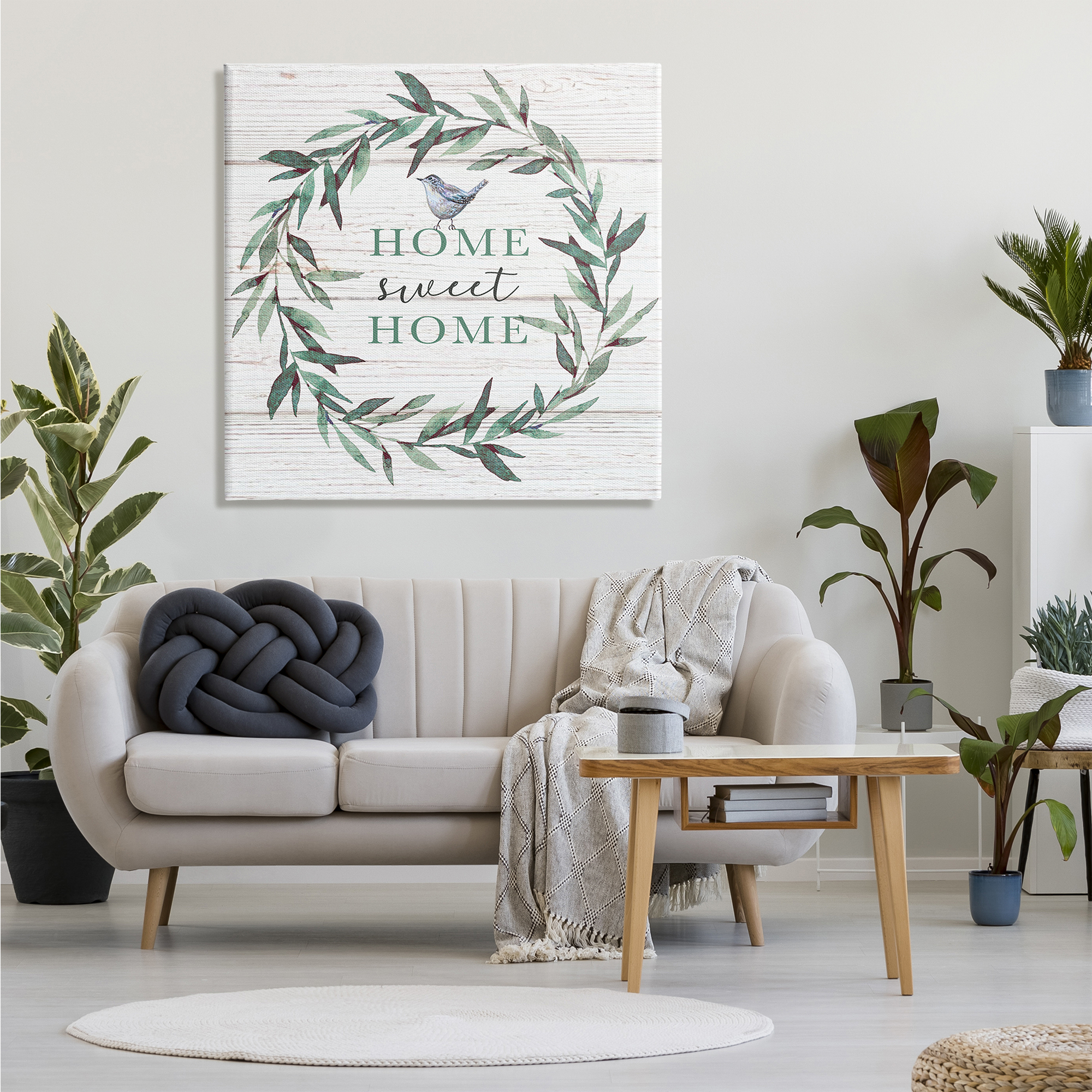 Stupell Industries Home Sweet Home Sentiment Green Fern Wreath Blue Bird, 36 x 36, Designed by Elizabeth Tyndall