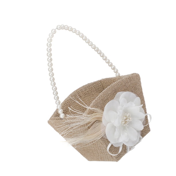 Naiovety Cesta de flores de arpillera rústica con mango de perla Cesta de niña duradera y de moda con mango de perla Kits de decoración para fiestas