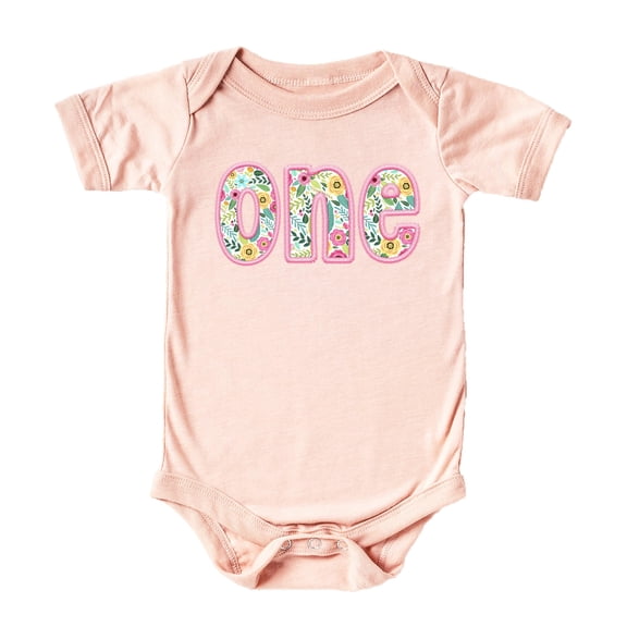 One Ink-Printed Pink Embroidered First Birthday Bodysuit for Baby Girl Floral 1st Birthday Outfit Peach Bodysuit 12 Months