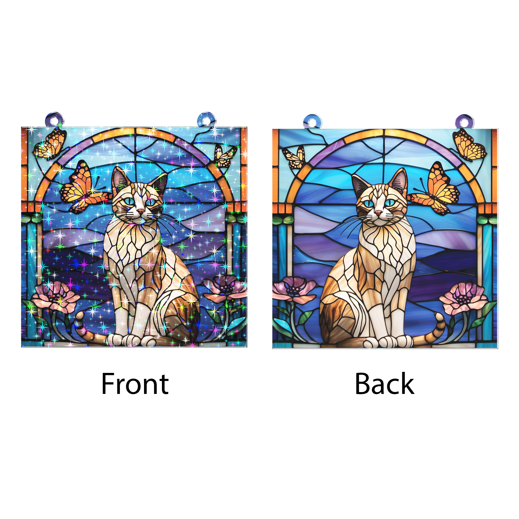 89Bloom Cat and Butterfly Stained Glass Hologram Ornament, Stained Glass Suncatcher Ornaments Home Decor, Holographic Ornaments