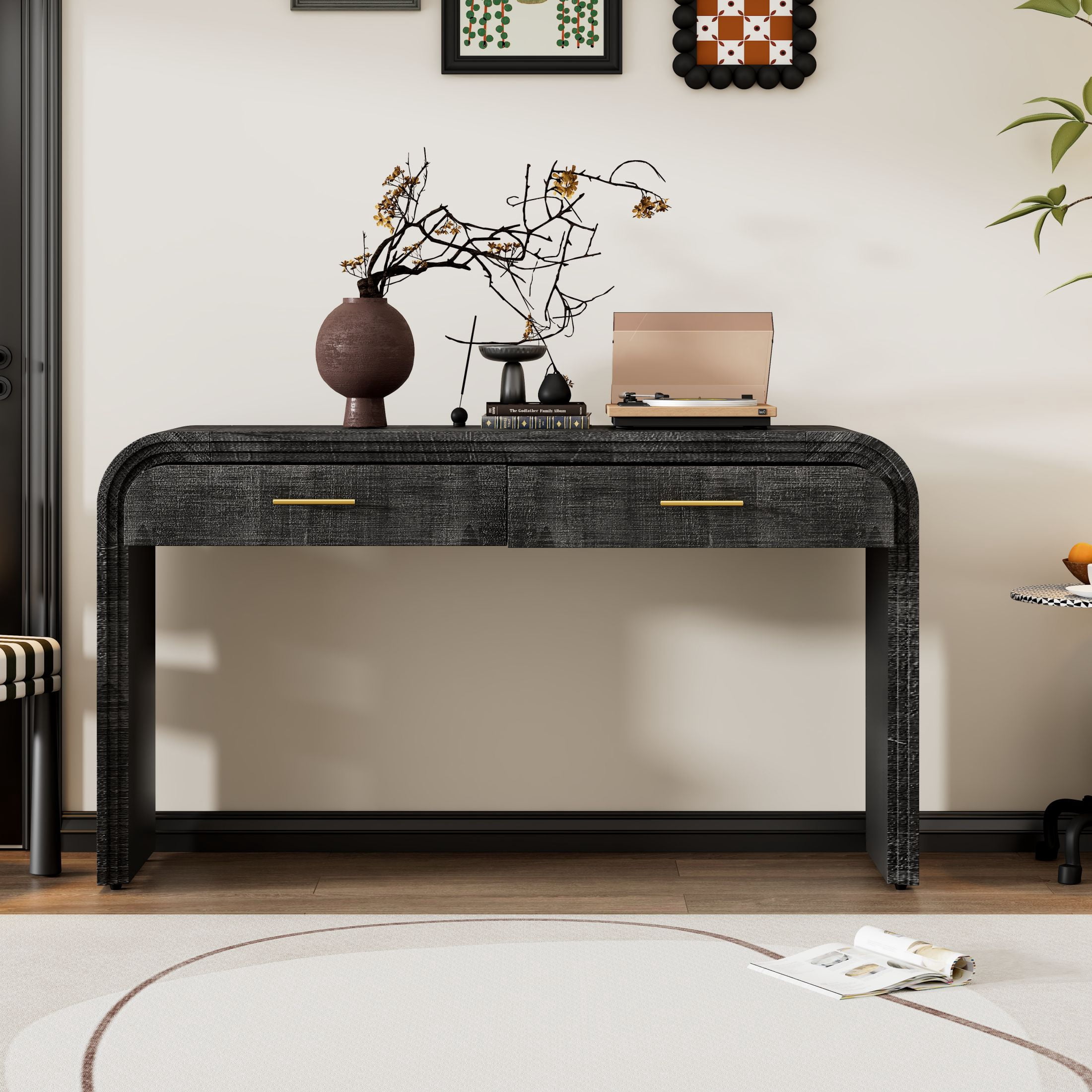 Aukfa 59" Console Table with 2 Drawers, Retro Entryway Table with Storage, Narrow Long Sofa Table for Living Room, Hallway, Foyer - Antique Black