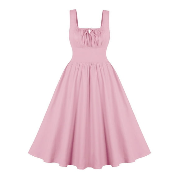 Elvqul Womens Dresses Pink Summer Solid Fashion Midi Sun Dress Sleeveless Mid-Length for wedding