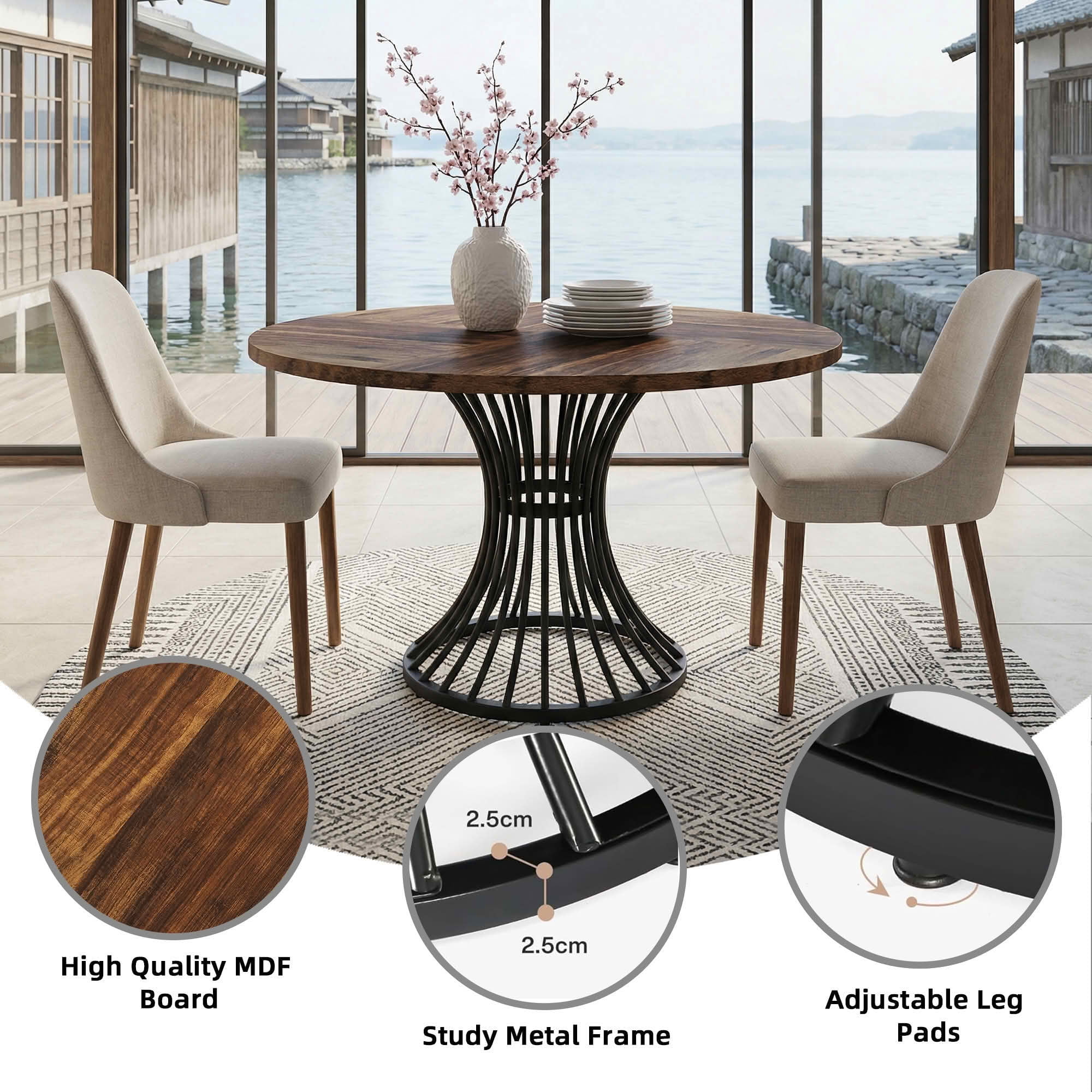 MAYEERTY 47" Round Hourglass Farmhouse Dining Table, MDF Top & Metal Base, 6-Person Versatile Table for Home & Cafe