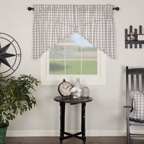 VHC Brands Farmhouse Kitchen Window Curtains-Annie Buffalo Check White Lined Prairie Swag Pair, 36x36x18, Grey