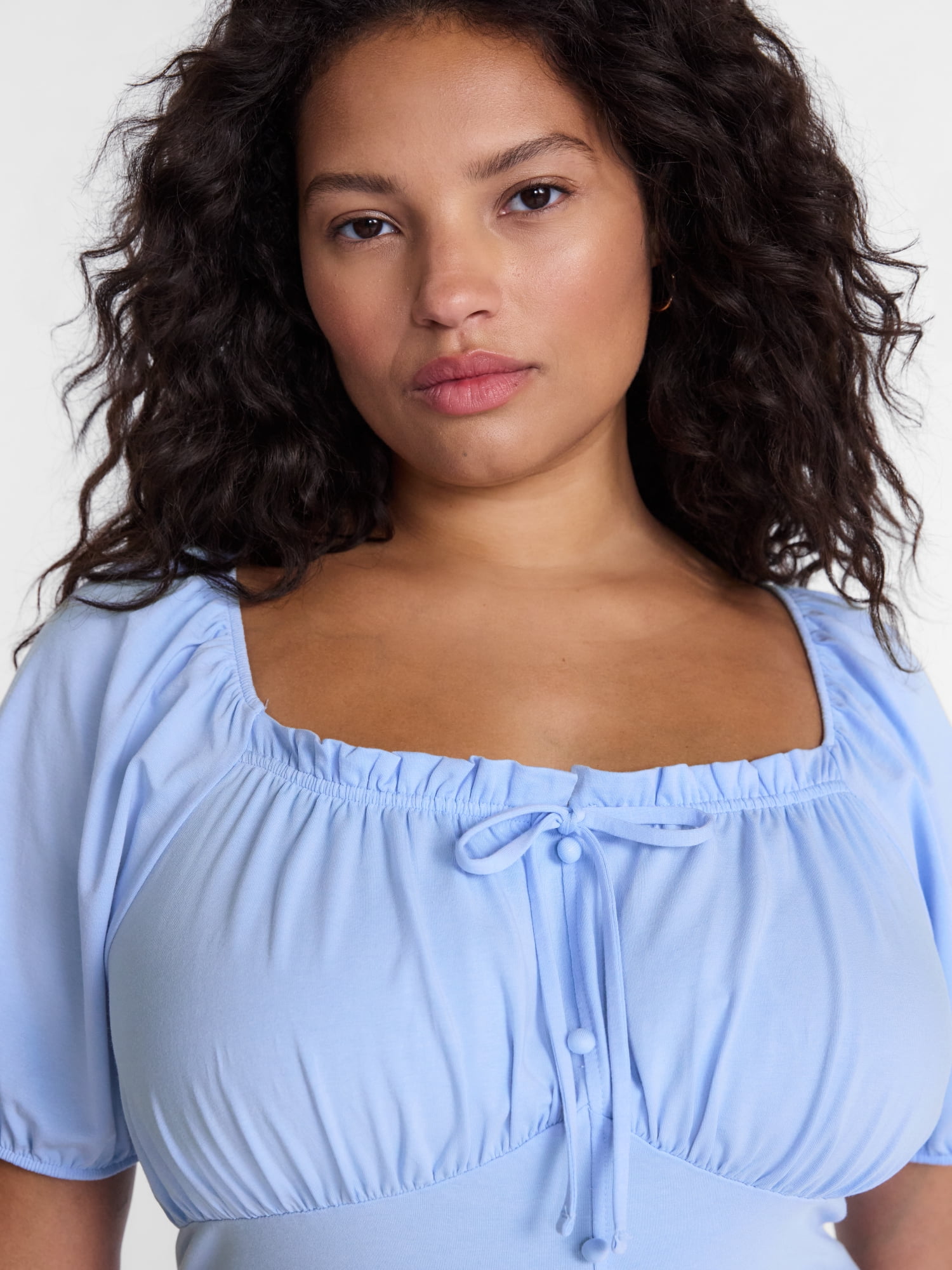 Terra & Sky Women's Plus Button Front Babydoll Top with Short Puff Sleeves, Sizes 0X-5X