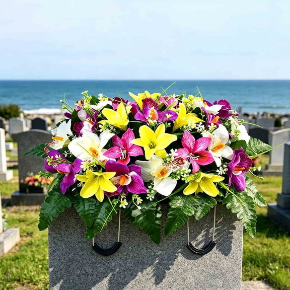 Artificial Satin Saddle Flower, 24-inch Silk Floral Arrangement for Memorial Day Cemetery Tombstone Decoration