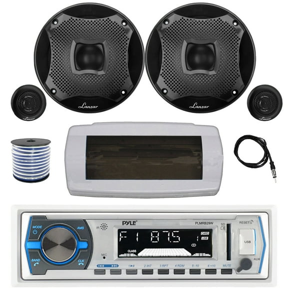 Pyle PLMRB29W Single DIN Bluetooth Marine MP3 AM/FM Stereo Receiver with White Cover, 22" Radio Antenna, Wire, 2x 6.5" 450 Watt Peak 2-Way Water Resistant Boat Audio Speakers (Black)
