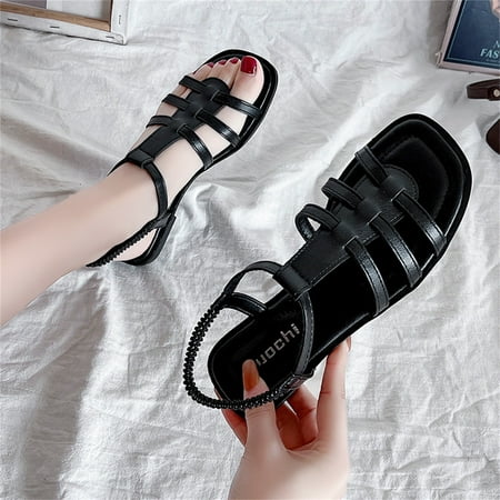 

PhoneSoap Ladies Beach Shoes Fashion Solid Color Elastic Band Thong Flat Sandals Black