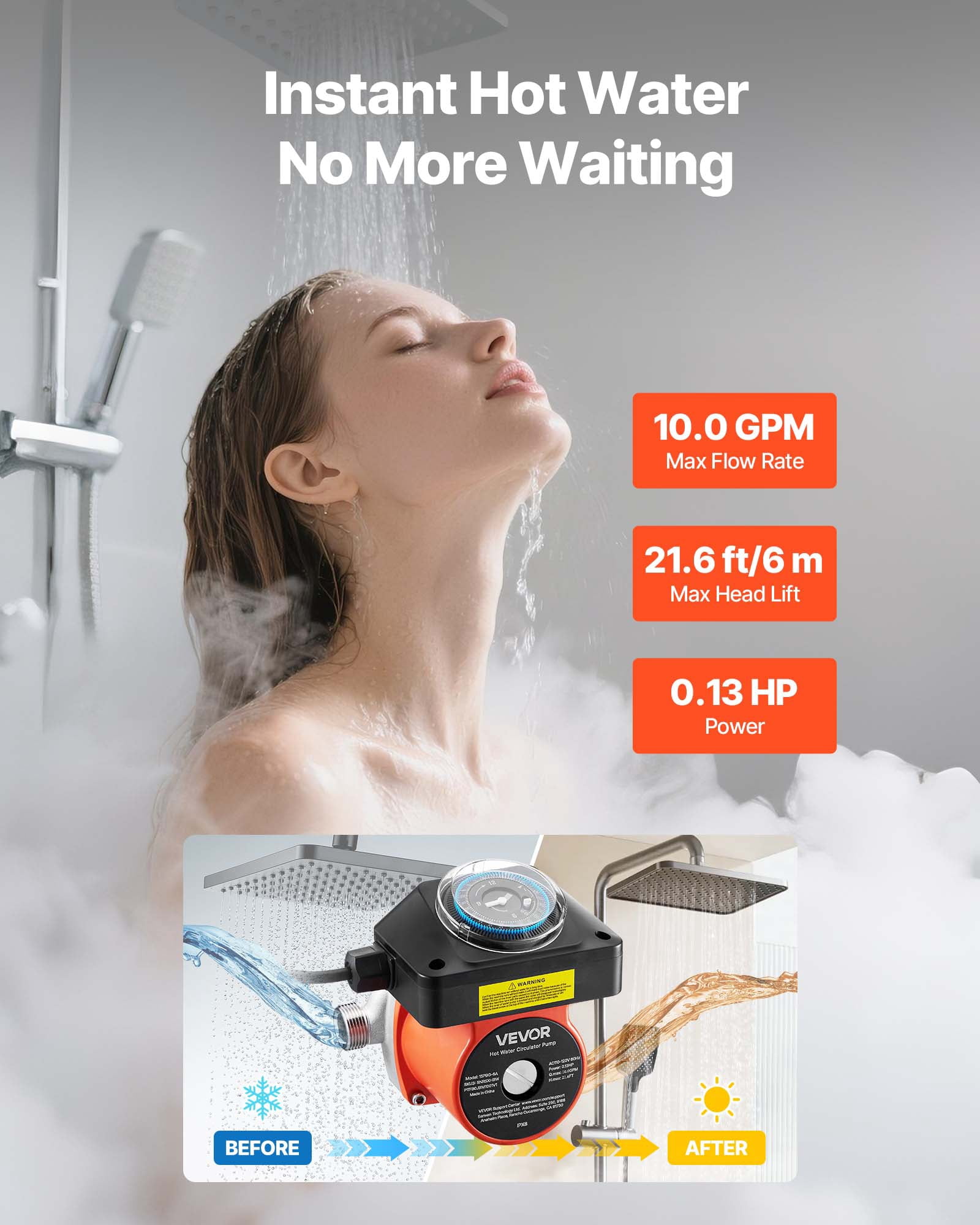 VEVOR Hot Water Recirculating Pump, with Bypass Valve, Instant Recirculation Pump Kit with Timer, Adapter, Circulation Circulator System, Stainless Steel Head,0.13 HP 110-120V, for Tank Water Heaters