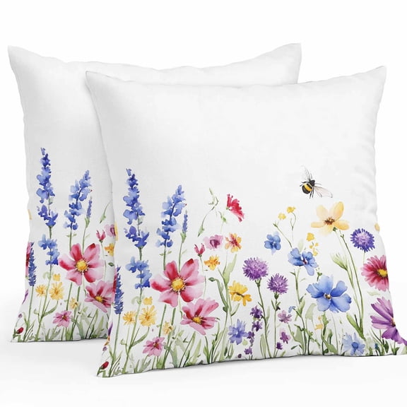Purple Blue Pink Flower Outdoor Pillow Covers Pack of 2 Watercolor Bee Plant Wildflower Waterproof Throw Pillow Covers Decorative Cushion Cases for Patio Garden Tent Balcony Couch 24x24 inch