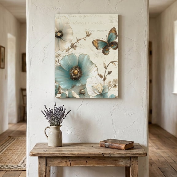 Ships Next Day Canvas Wall Art 11"x14", Vintage Flowers Wood Framed Canvas Print Painting, Spring Floral Teal Tulip Butterfly Ready to Hang Small Picture Wall Decor for Home Bathroom Bedroom Hallway