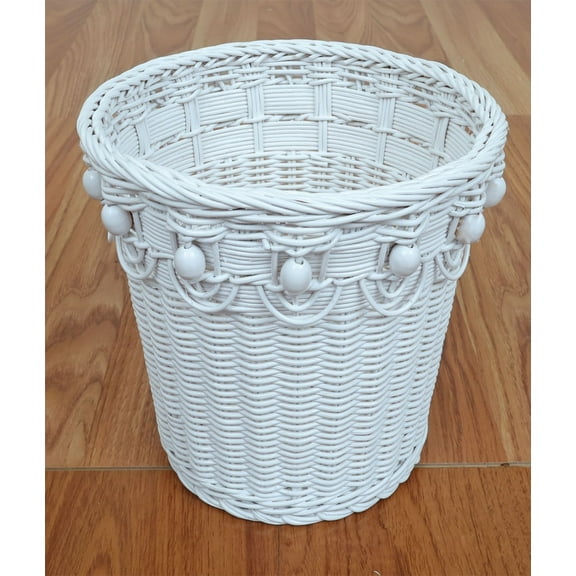 Wicker Waste Basket Round Beaded Victorian Style White