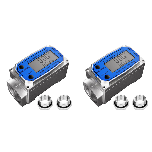 2 Set 1 Inch Flow Meter with 3/4 Inch Adapters, Digital Turbine Flow Meter 2.5-31 GPM Inline NPT Thread,2set x water flow meter