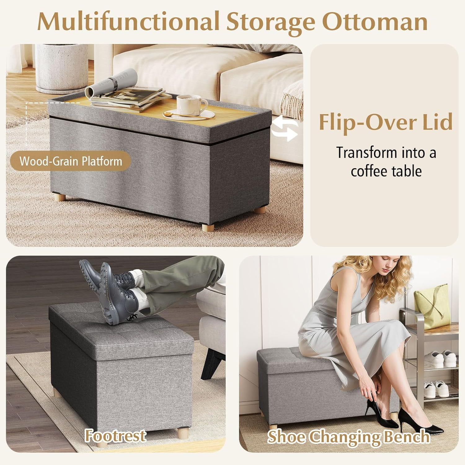 GOFLAME 30 Inches Storage Ottoman Bench, Linen Fabric Footstool with Flip Top Tray, Padded Foot Rest Stool, Rectangular Eed of Bed Bench, Storage Chest for Living Room, Bedroom, Entryway