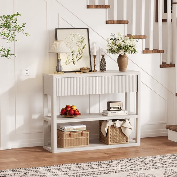 Fluted Console Table with 2 Drawers and 3-Tier Shelves 34.6" Tall Modern Sofa Table for Entryway Living Room Hallway White Grey Wood Grain