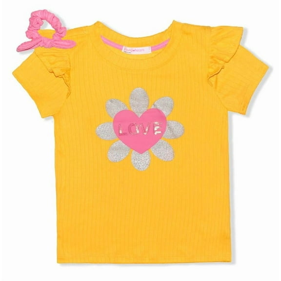Young Hearts Girls' Tee Shirts YELLO - Yellow & Pink 'Love' Sequin Tee & Scrunchie - 4T