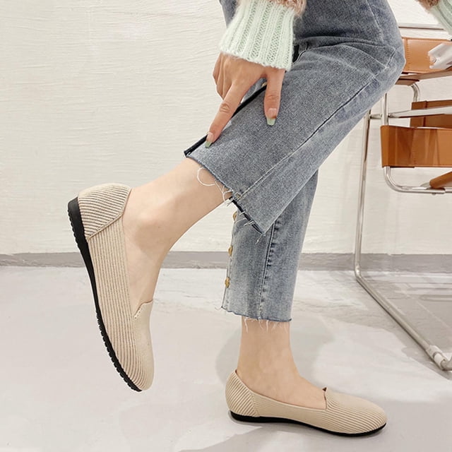 LSLJS Women's Flying Knitting Solid Color Light Mouth Comfortable Slip-On Flat Shoes, Flats Shoes