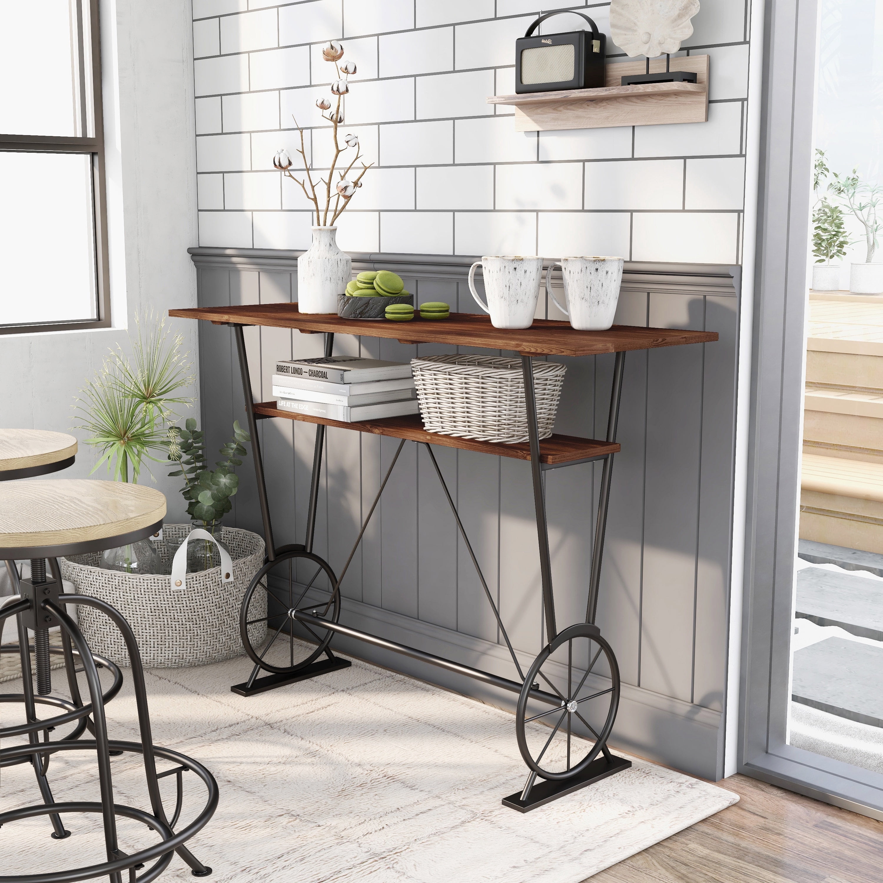 Lodz 1-Shelf Metal Bar Table, Toasted Barnwood and Black