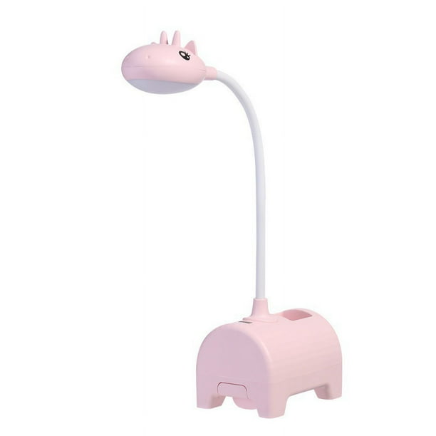 Lámpara de escritorio LED rosa para niños, regulable, tricolor, con interruptor táctil, conexión USB y portalápices, ideal para leer, estudiar y trabajar.
