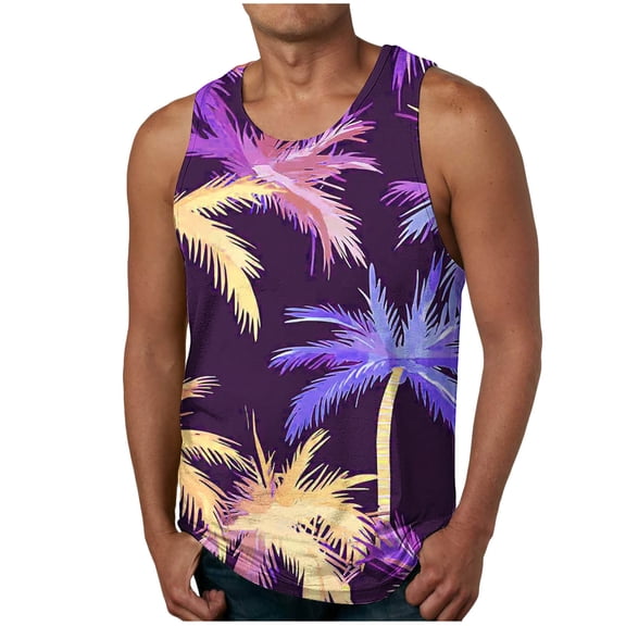 Arnsht Mens Summer Vacation Tank Tops Sleeveless Muscle Shirts Beach Hawaiian Printing Leisure Sports Fitness Tank Tops Purple M