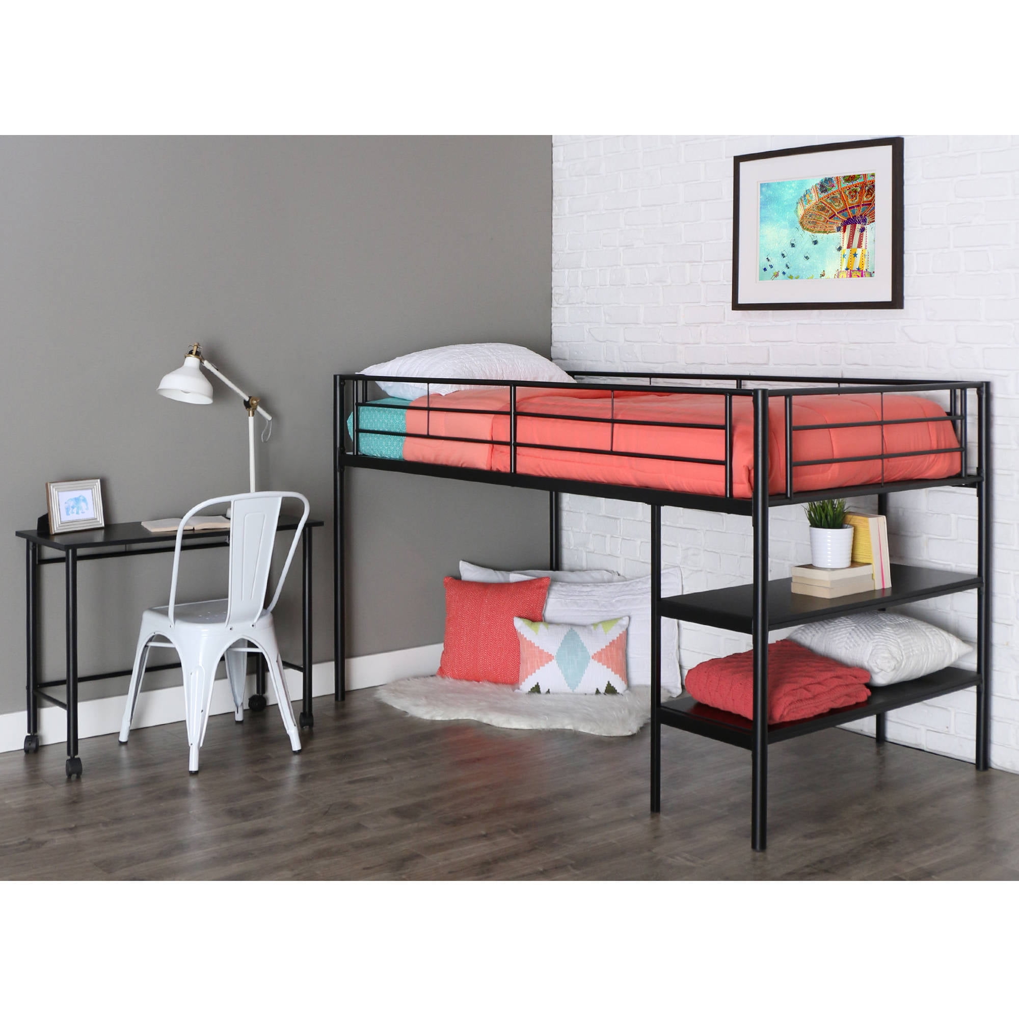 metal loft bed with shelves