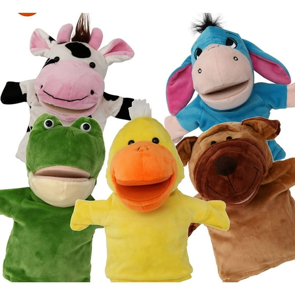 5-Piece Set Animal Hand Puppets with Open Movable Mouth/Zoo, Safari, Farm, Jungle/Cow, Duck, Brown Dog, Frog and Donkey