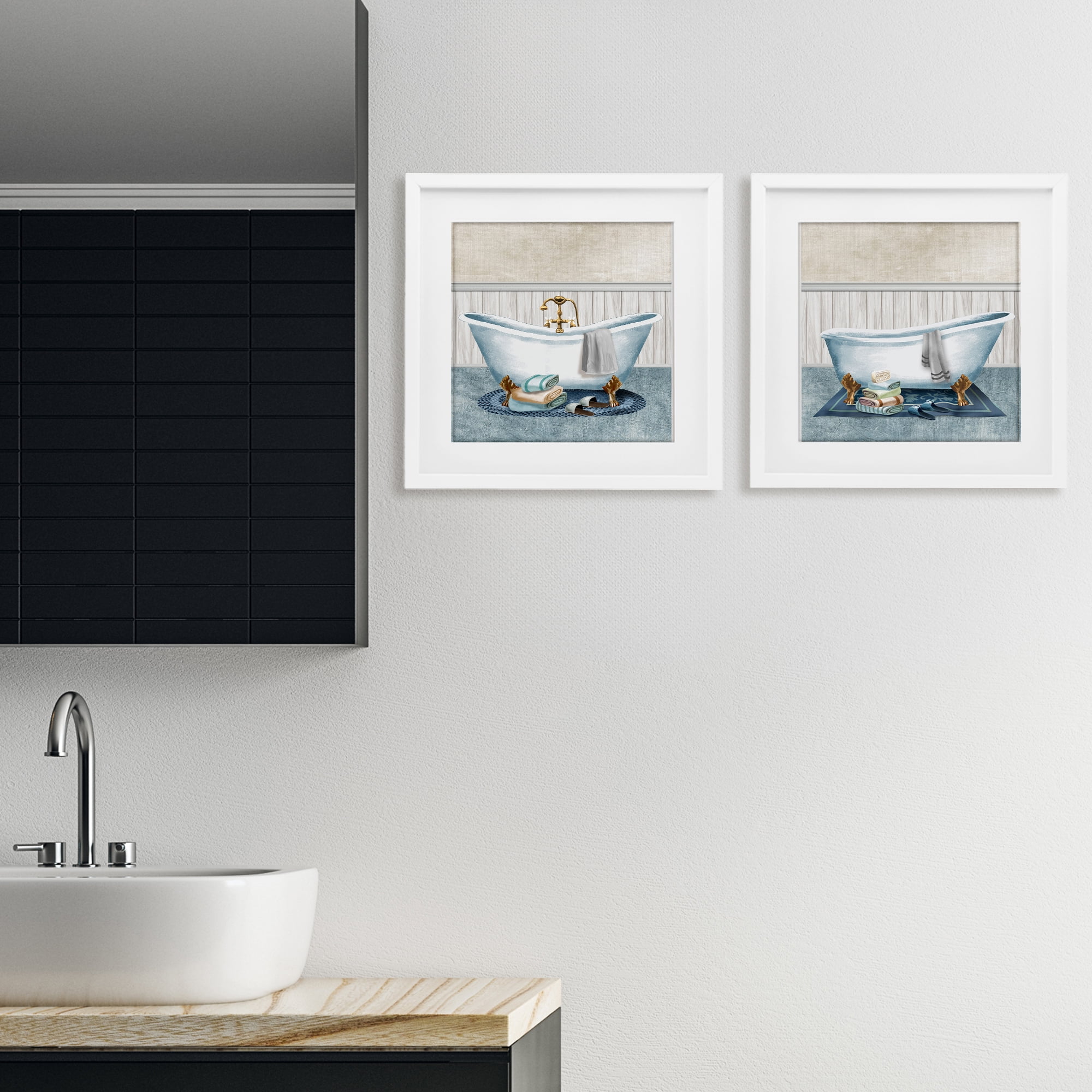 Stupell Industries Cozy Bathtub & Slippers 2 Piece White Framed Print Under Glass Set, design by Conrad Knutsen