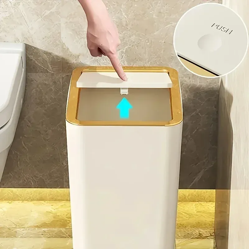Odor Proof Trash Can with One-Touch Modern Design Durable Plastic Bathroom Kitchen Bin Space Saving Leakproof
