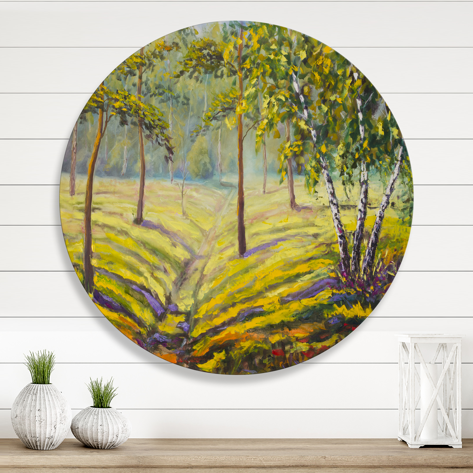 Designart 'Bushes and Pine Trees In The Forest II' Traditional Circle Metal Wall Art 23x23 - Disc of 23