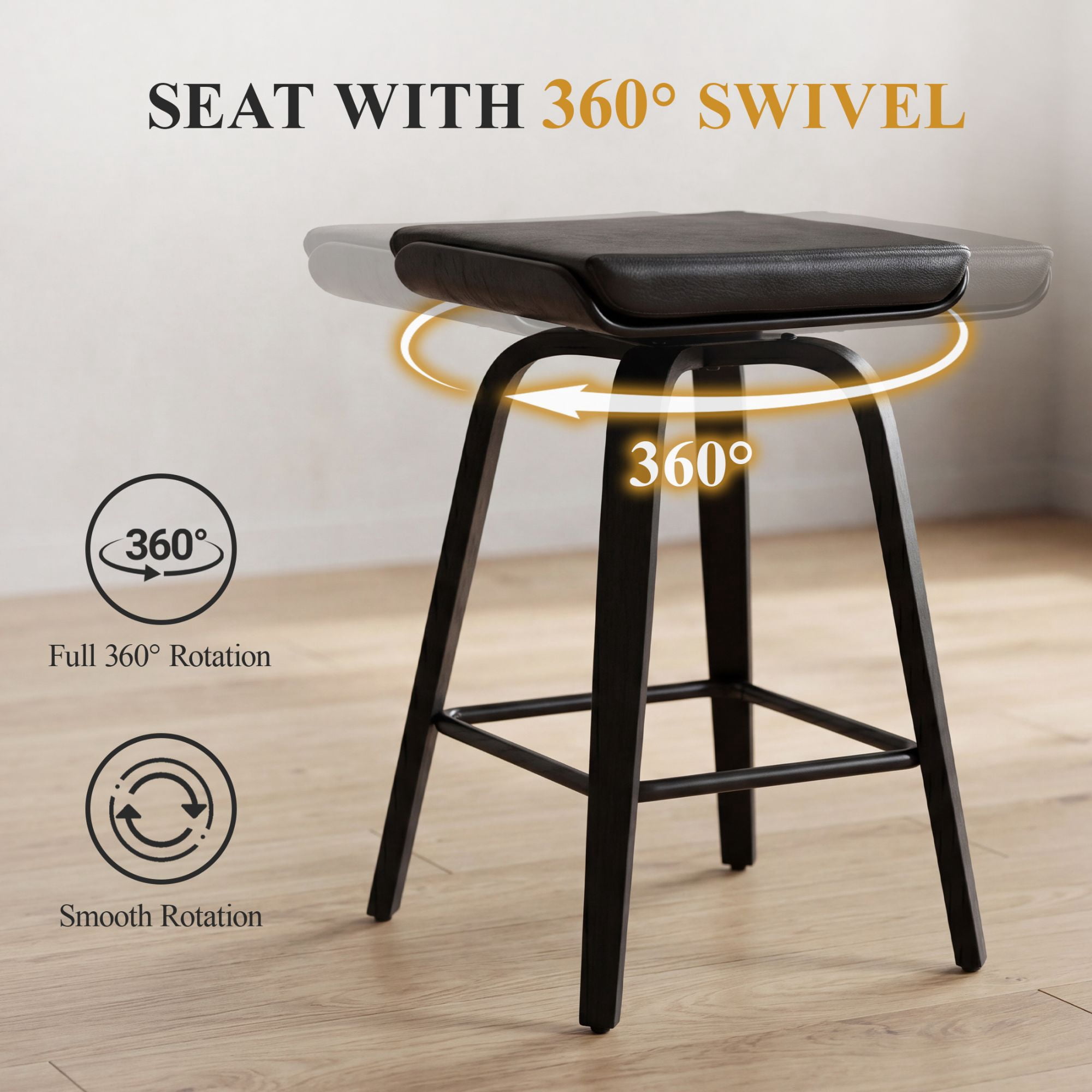 Guyou 26” Swivel Counter Height Bar Stools Without backrest, Upholstered Farmhouse Bar Stools with Footrest for Kitchen Island, Black-PU Leather(Set of 4)