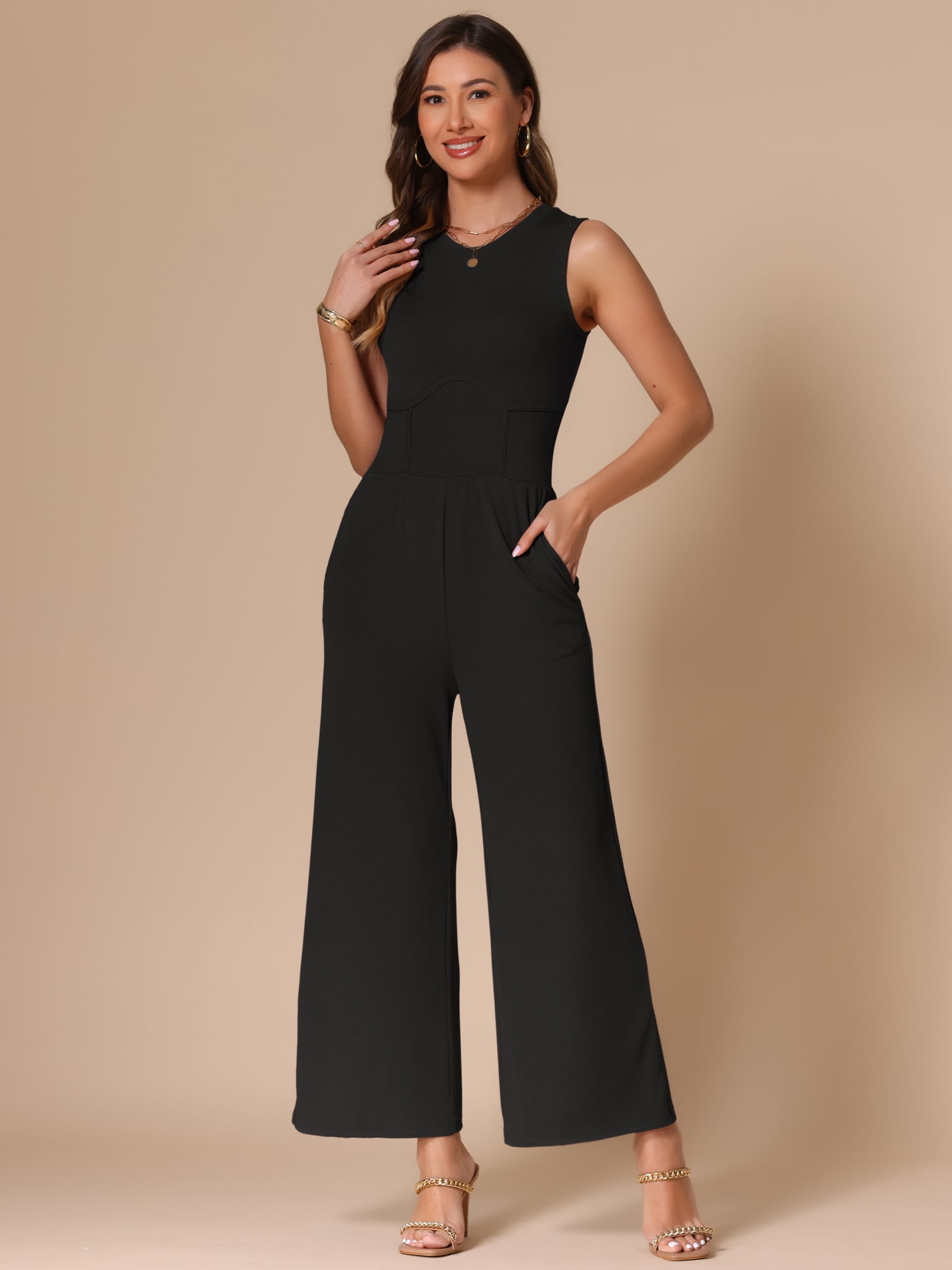 DARING DIVA Women's Casual Sleeveless Crew neck Wide Leg Jumpsuits S Black