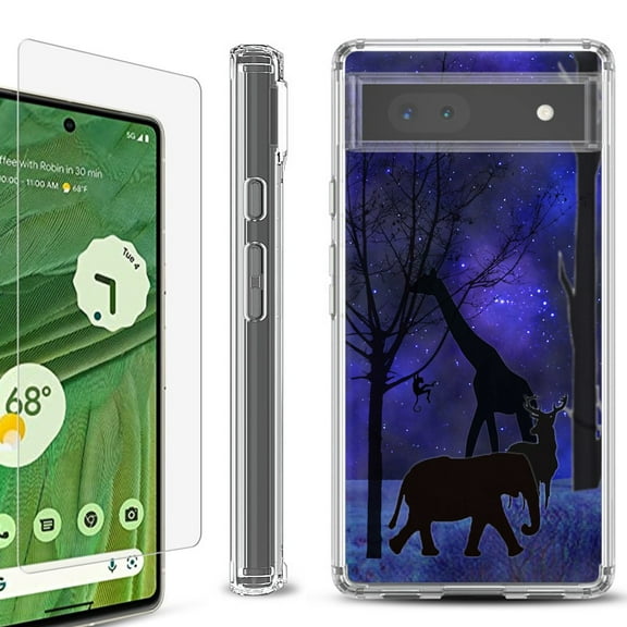 Shockproof Bumper Phone Case for Google Pixel 6a, with Tempered Glass Screen Protector, by OneToughShield ® - Midnight Safari
