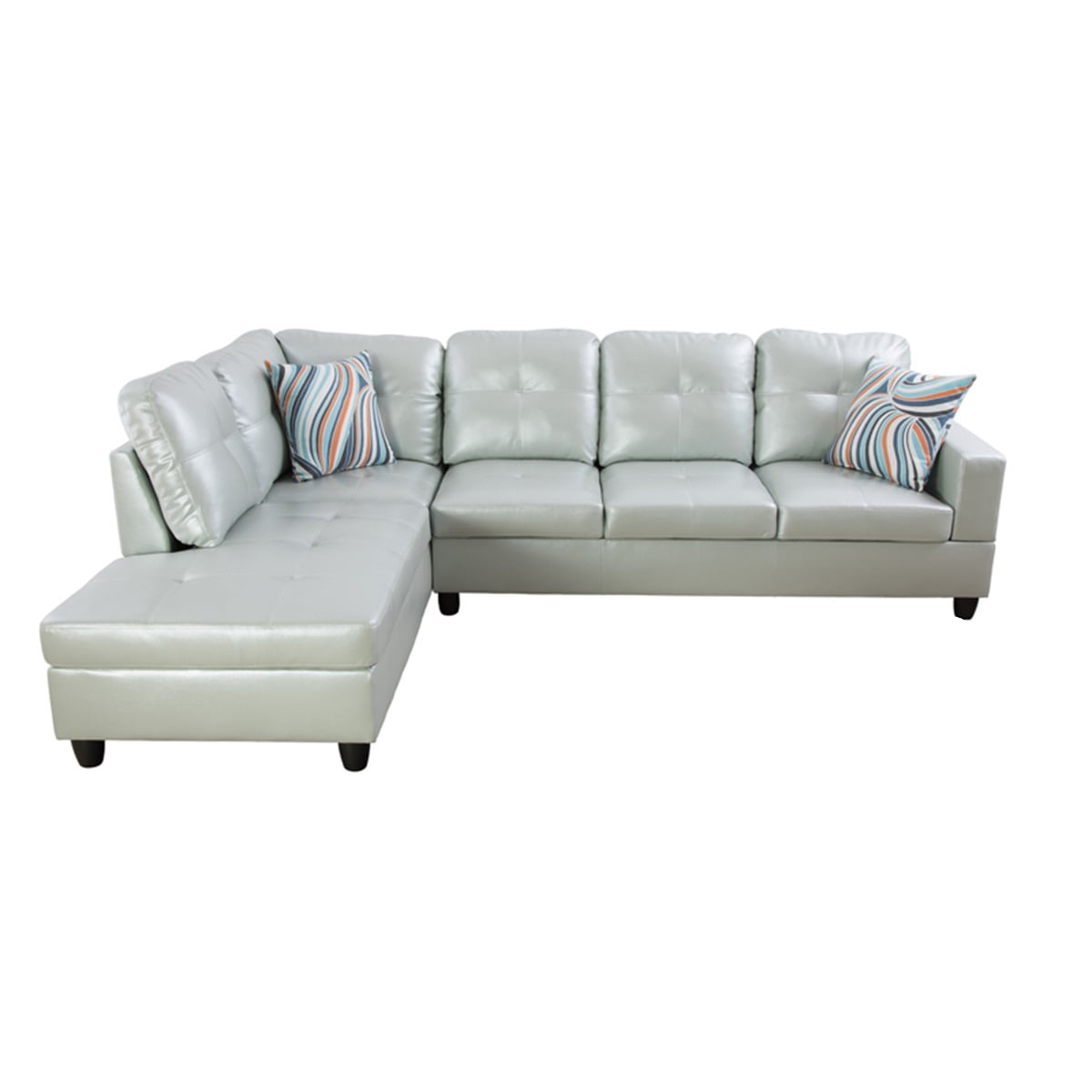 Hommoo 4-Seat Semi Semi PU Synthetic Leather Sectional Sofa Sets, L Shaped Sectional Couches and Sofas, Modern Living Room Furniture Sets, 17.5'' Back Height, Silver Green(No Ottoman)