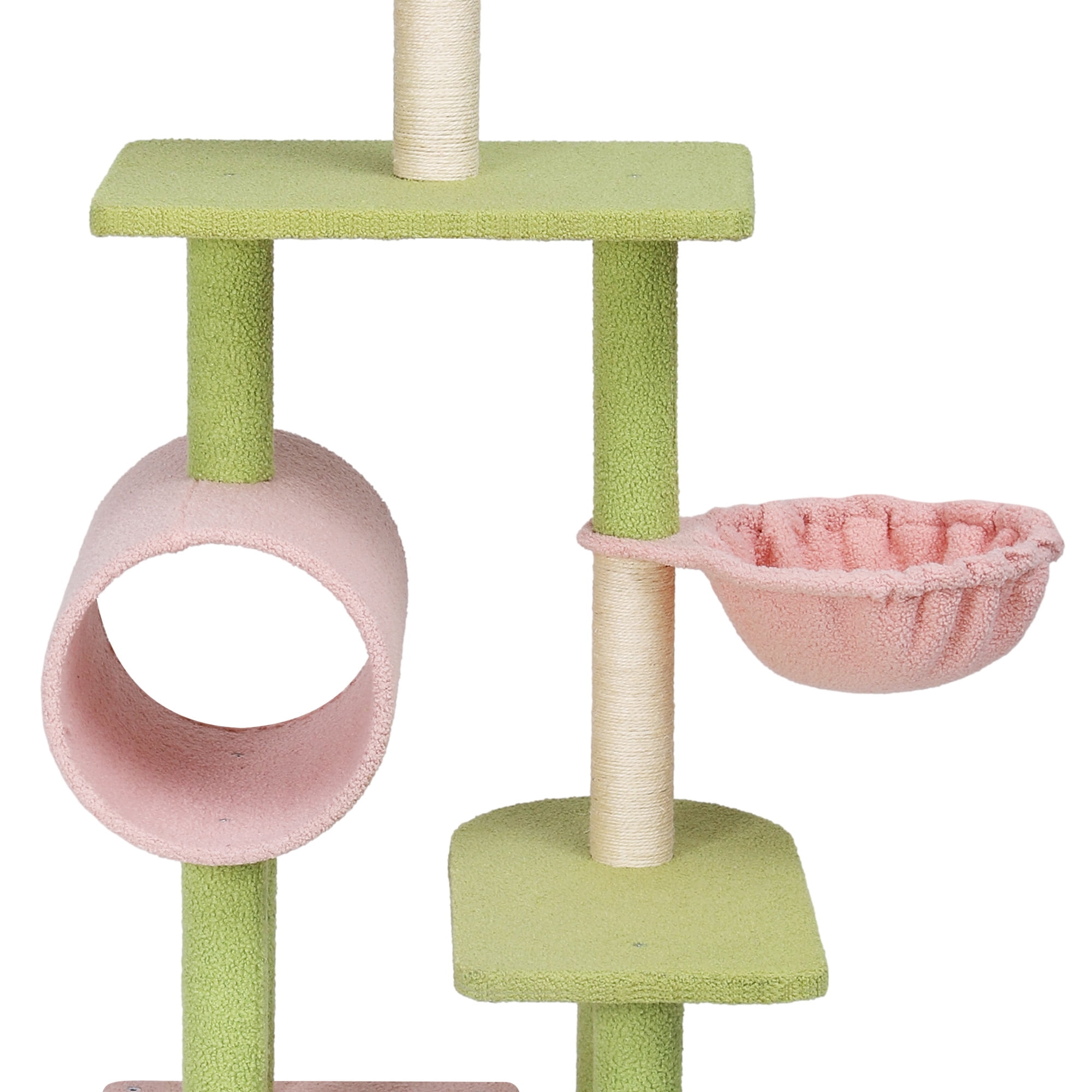 Uforic 65" Tall Flower Cat Tree Tower, Indoor Cute Cat Climbing Tower with Cat Condo, Basket, Tunnel, Cute Sisal Scratching Posts and Board, Pink & Green