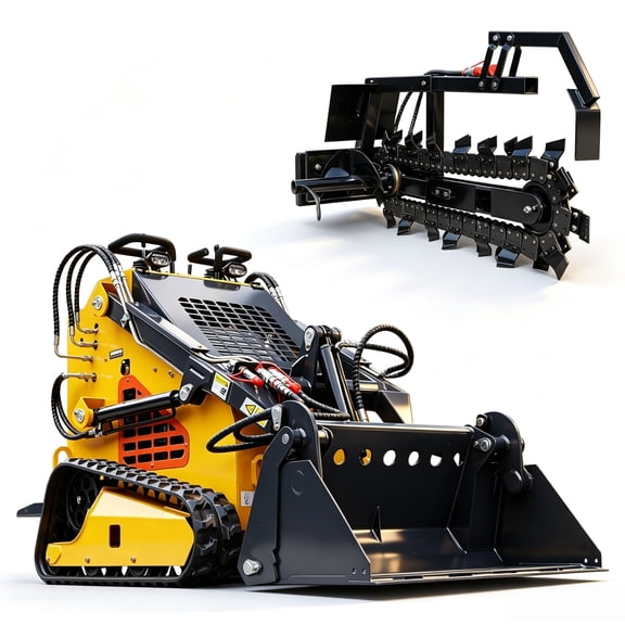 APEXYUN Mini Skid Steer Loader Stand-on Tracked 24HP RATO Gasoline Engine Triangle Tracks 3-Pump 3-Valve Hydraulic System 4-in-1 Bucket Included Trencher Tracked Compact Utility Loader