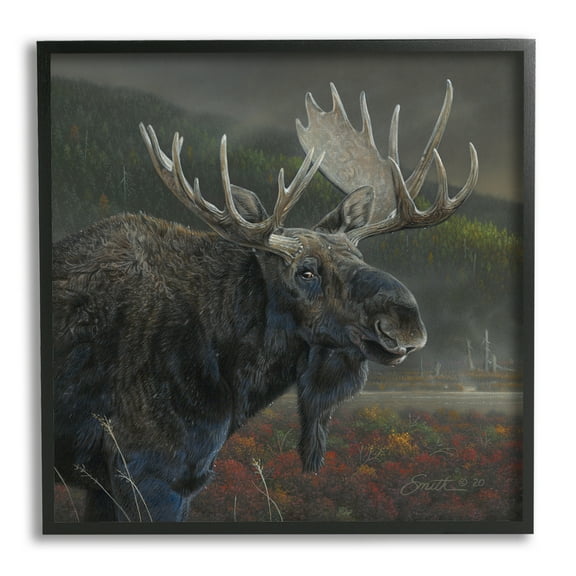 Stupell Industries Moose Dark Forest Landscape Animals & Insects Painting Black Framed Art Print Wall Art