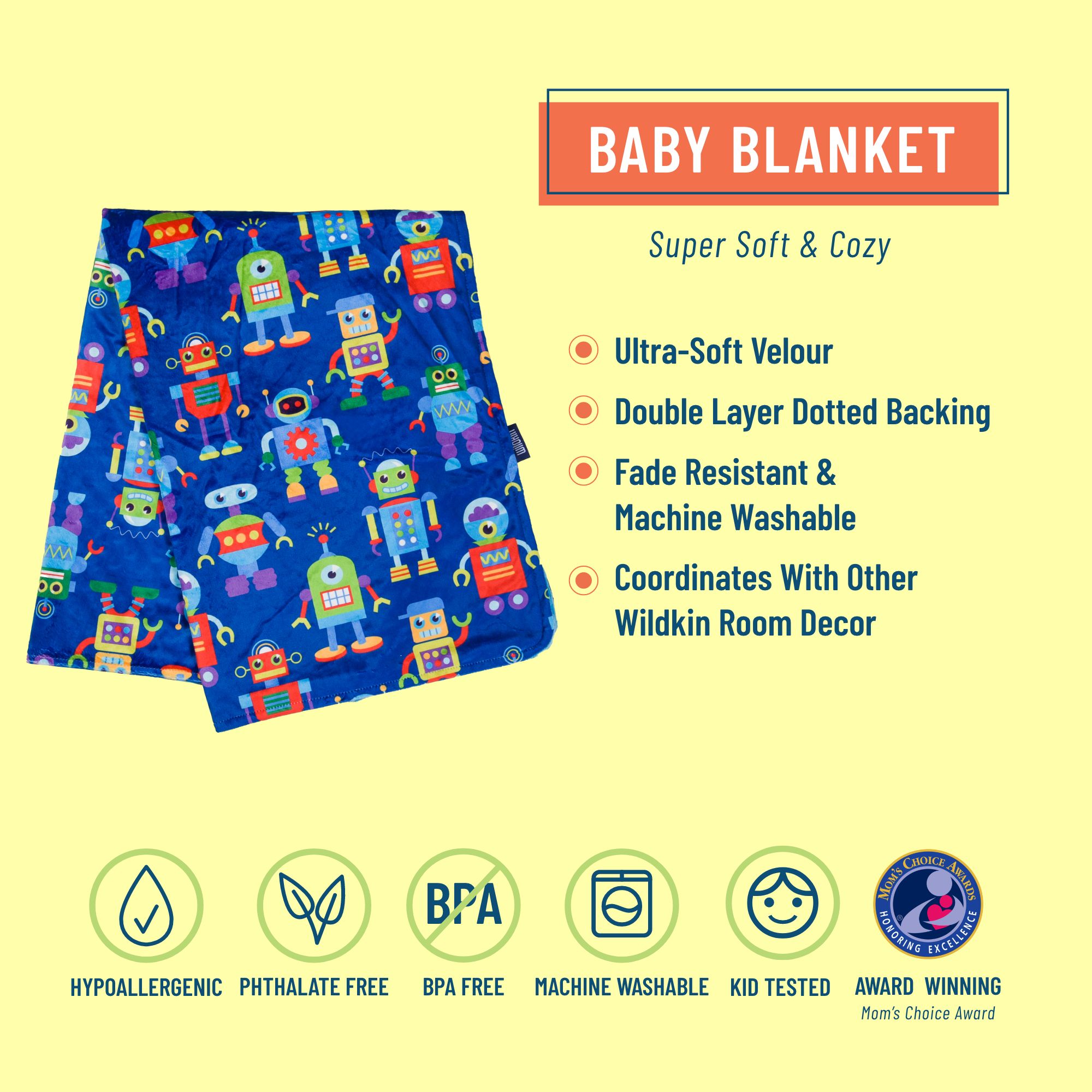 Wildkin Baby Plush Velour Blanket for Girls and Boys (Robots Blue)
